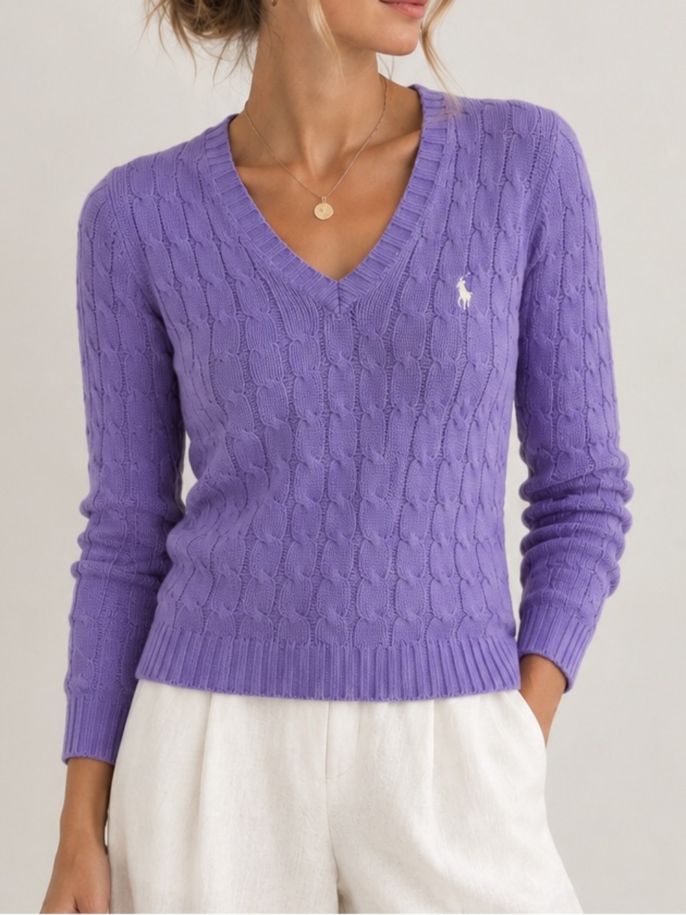 Ralph Lauren Cable Knit Sweater Size Small V Neck Purple Women’s Luxury Cotton